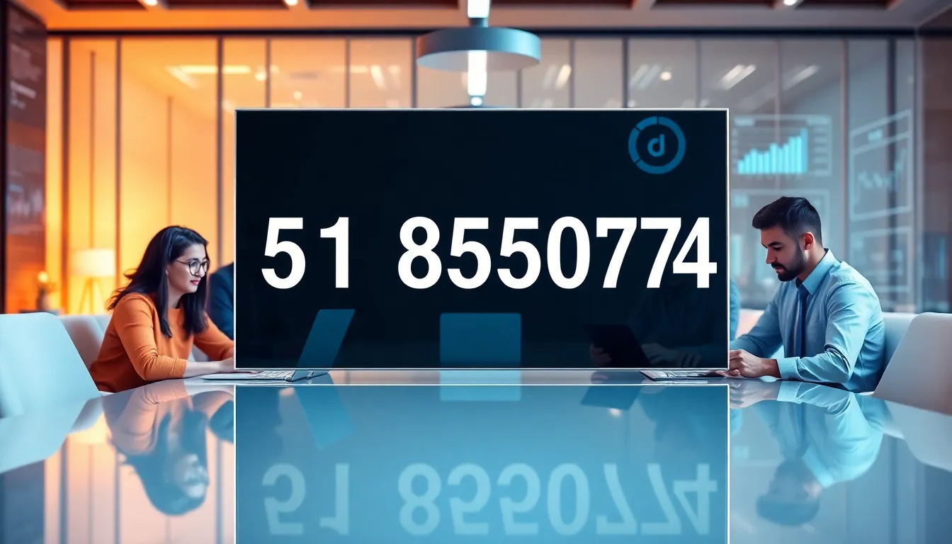 Modern office scene with diverse professionals discussing digital numbers.