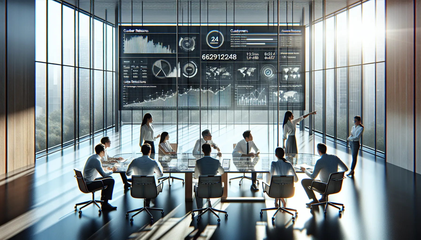 diverse team analyzing data in a modern office.