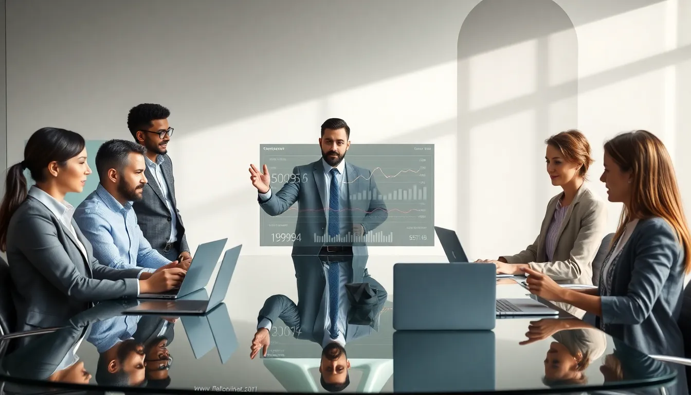 diverse professionals discussing telecommunications in a modern office.
