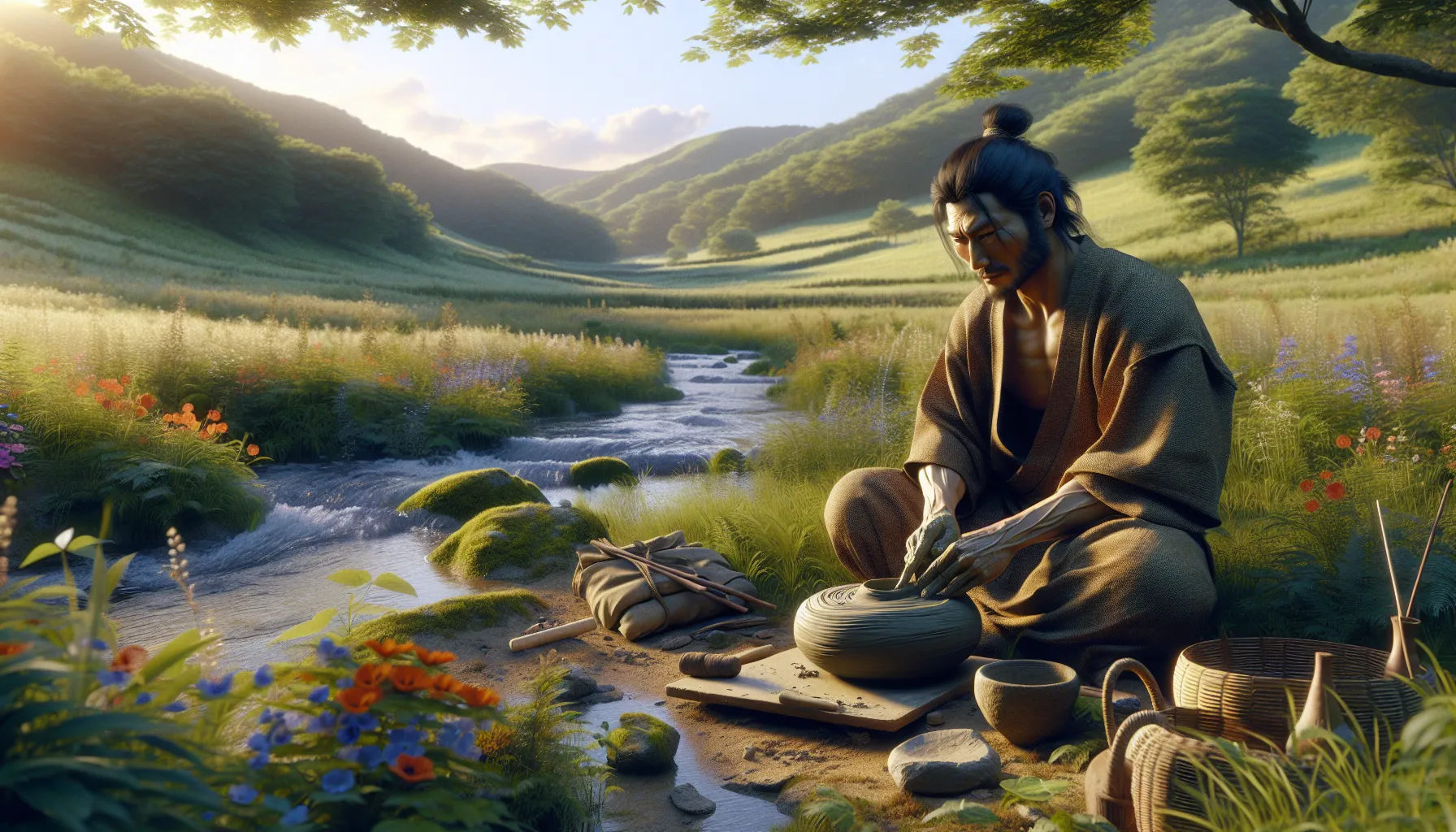 a reenactor crafting pottery by a brook in a Jomon-era Japanese landscape.