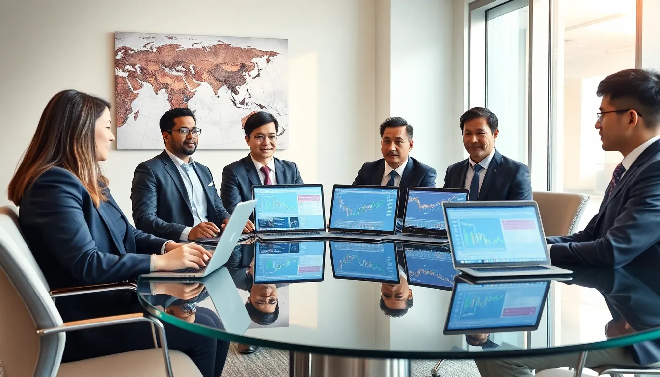 business professionals discussing investment strategies in a modern office.