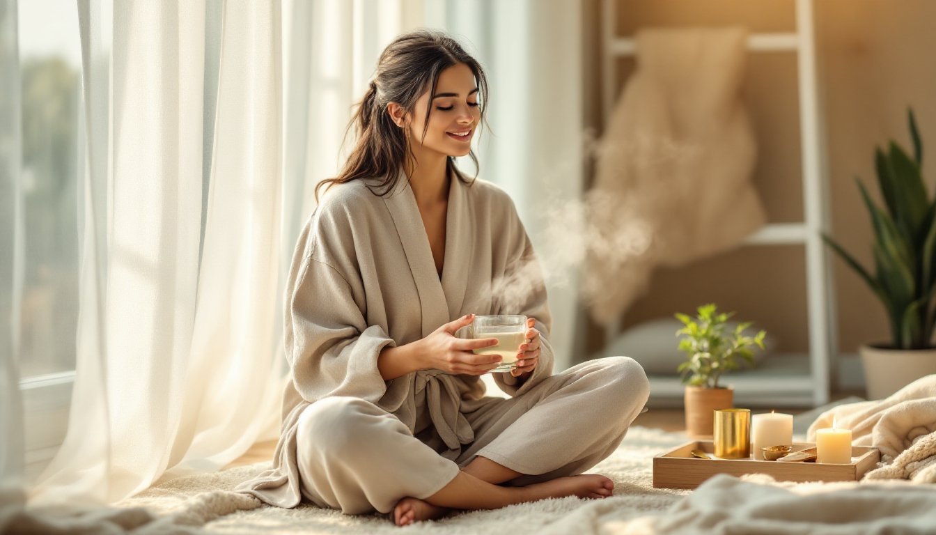 A woman in a linen robe sipping warm water by a sunlit window at sunrise.