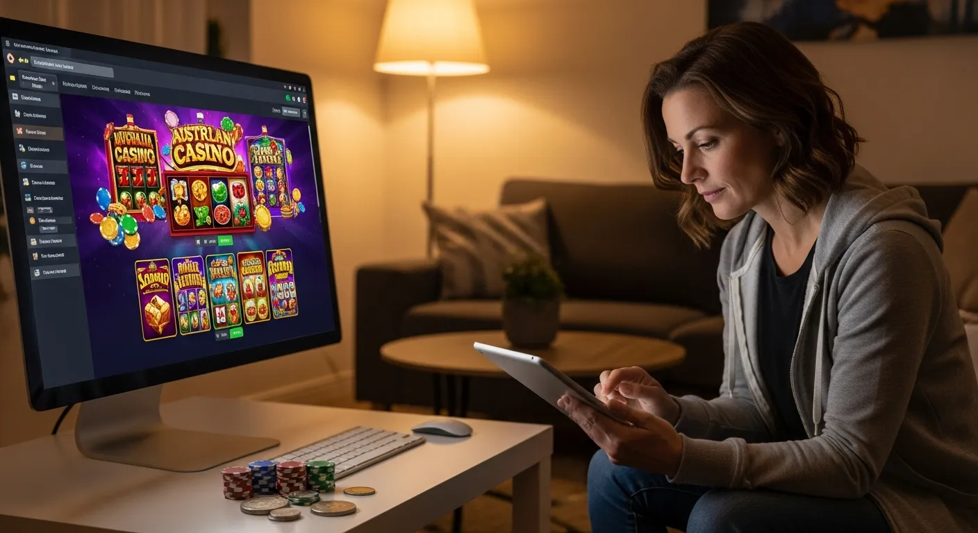 a woman reviewing online casinos in a cozy Australian living room.