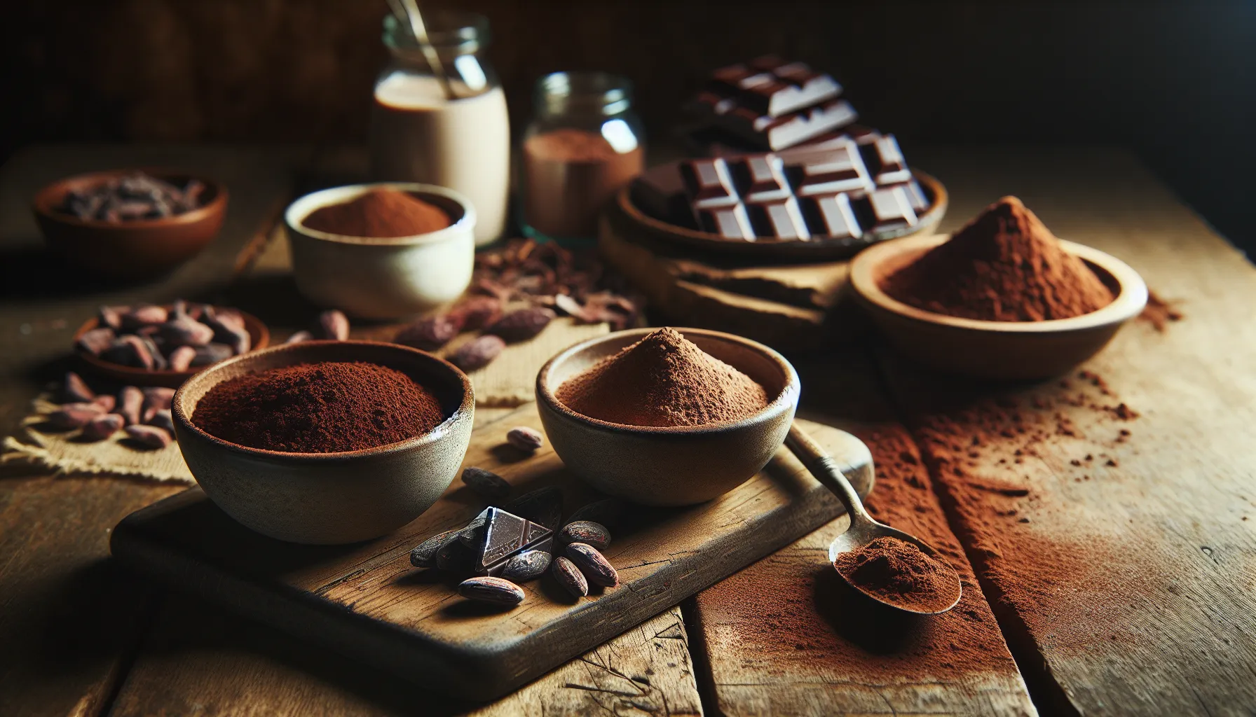 A visual comparison of cacao and cocoa powders on a rustic table.