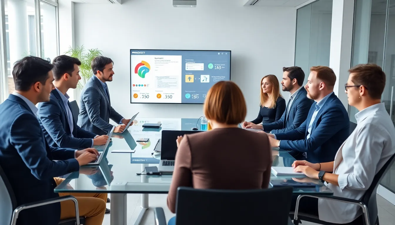 diverse team discussing software development in a modern office setting.