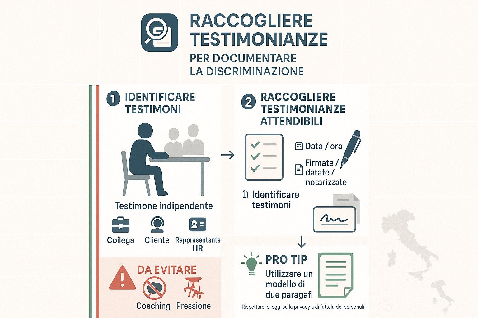 Infografica passo dopo passo che mostra come raccogliere dichiarazioni di testimoni in Italia.