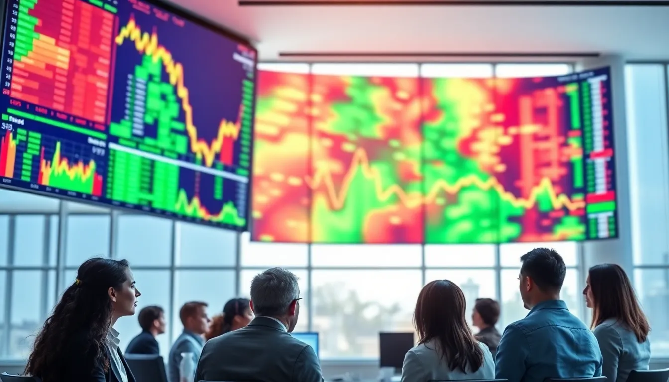 diverse analysts observing a vibrant stock market heat map on screens.