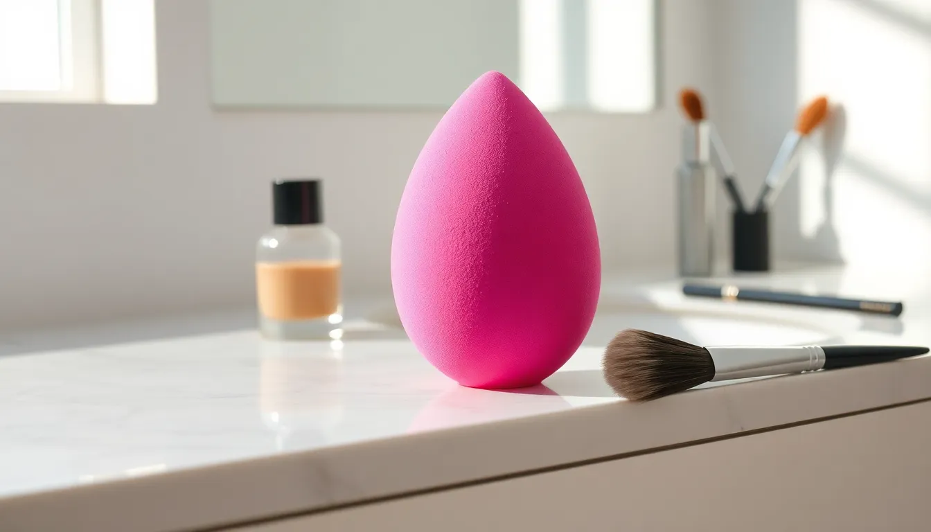 Beauty Blender and makeup essentials on a stylish vanity.