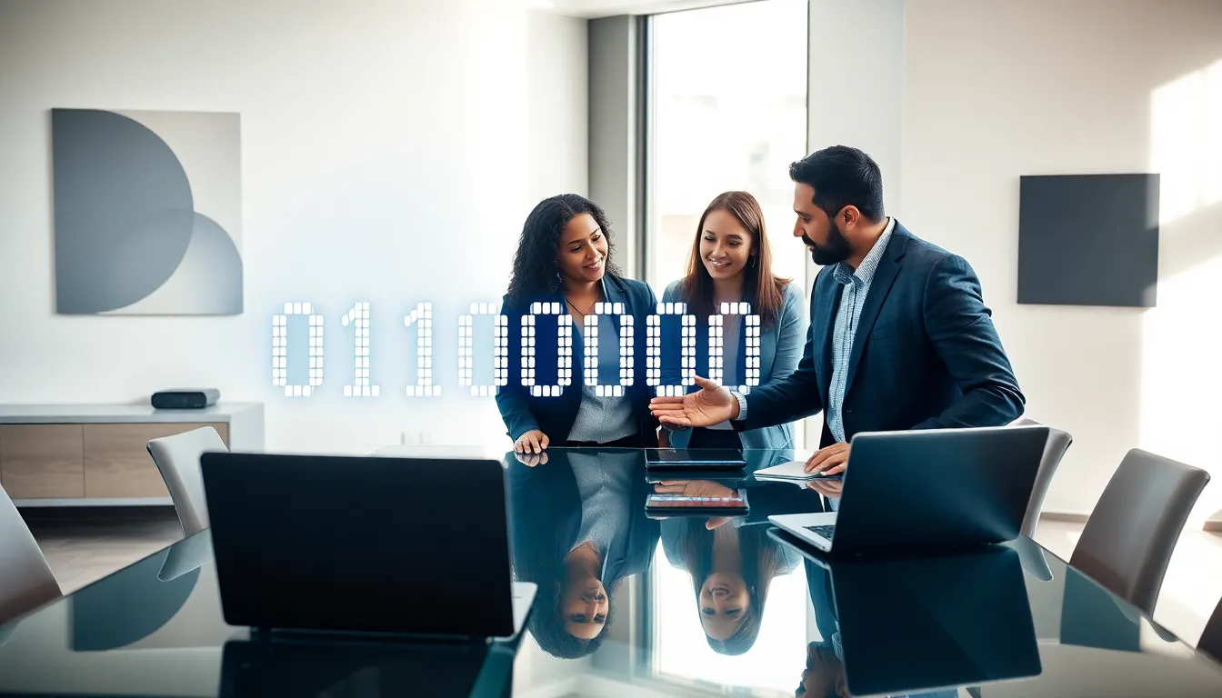 diverse team analyzing digital data in a modern office.