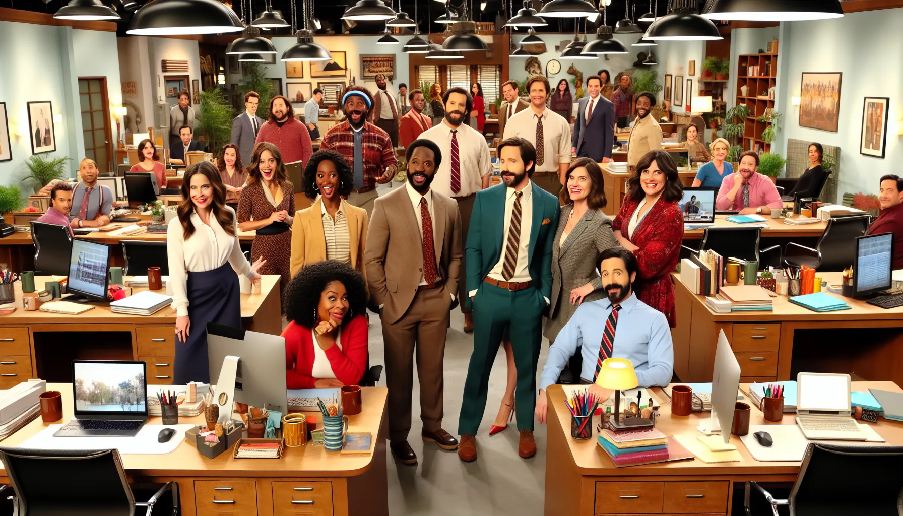 Depiction of contrasting comedic styles on a television set reminiscent of The Office.
