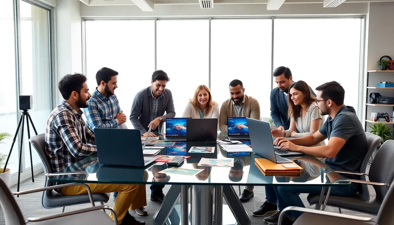 diverse game developers collaborating in a modern office.