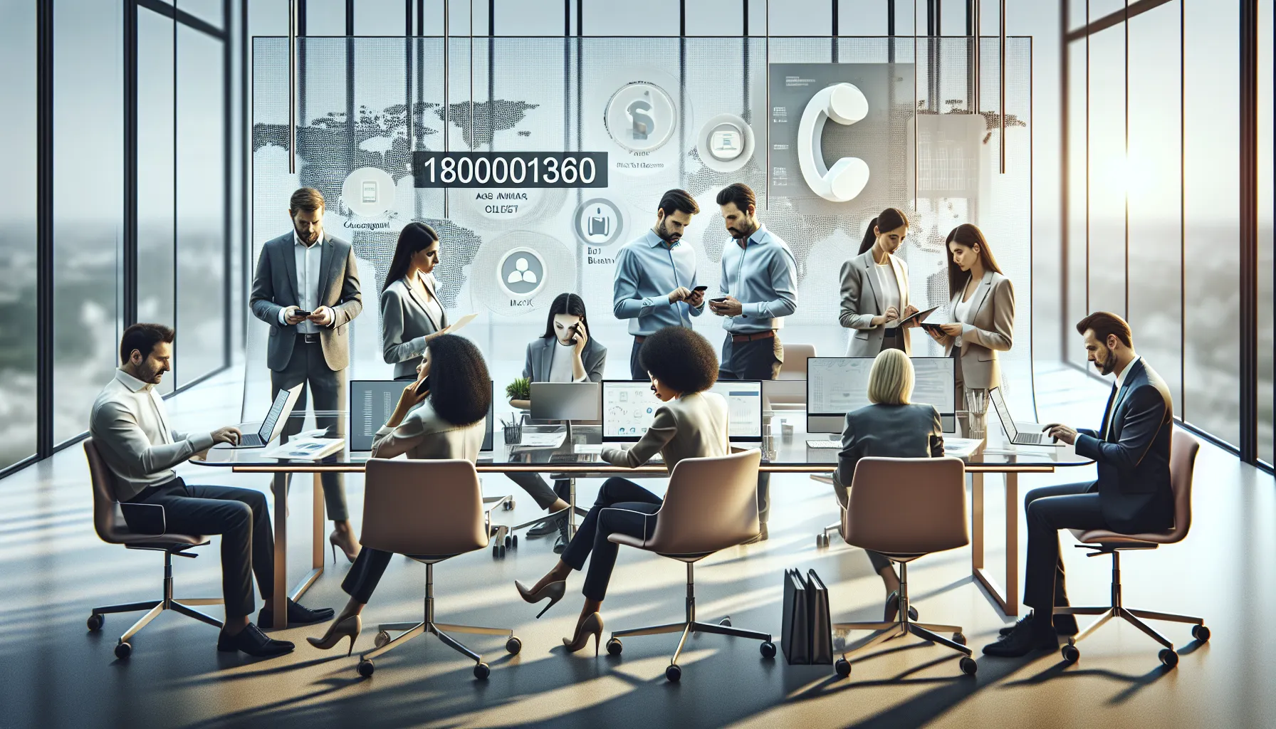 professionals collaborating in a modern office while dialing a toll-free number.