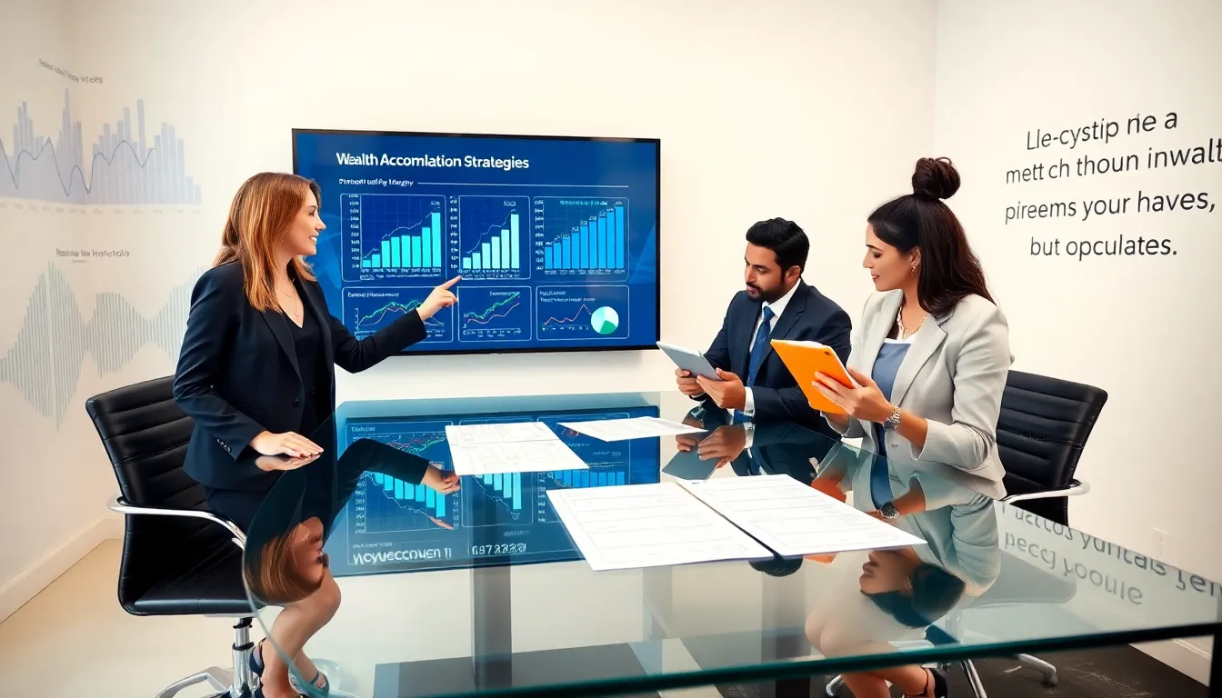 diverse team planning wealth strategies in a modern office setting.