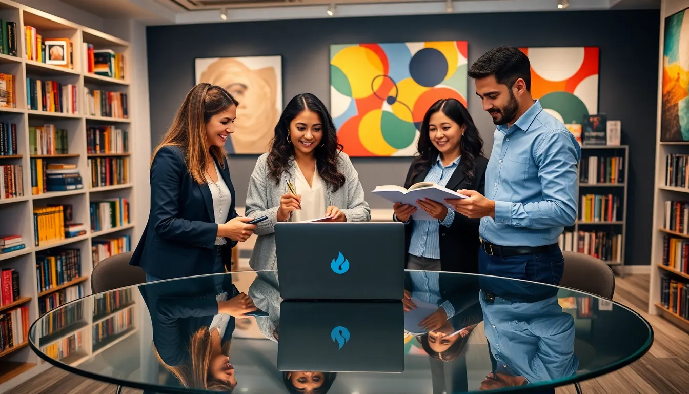 Diverse team collaborating around a glass table in a modern office.