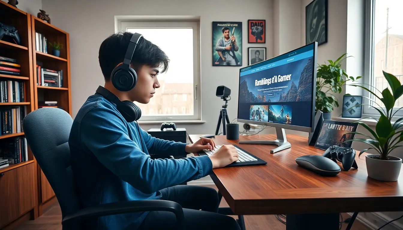 A gamer writing in a modern home office with gaming memorabilia.