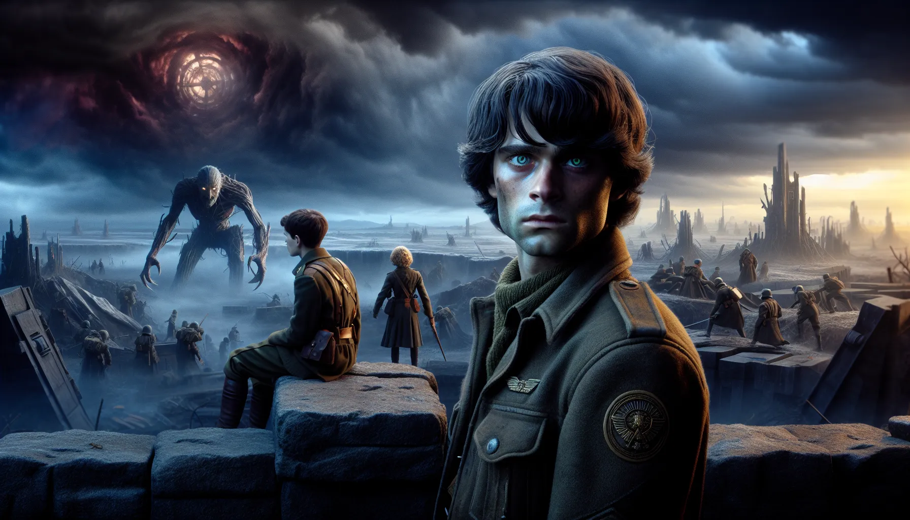 Eren Yeager standing on a wall overlooking Titans in a dramatic twilight scene.