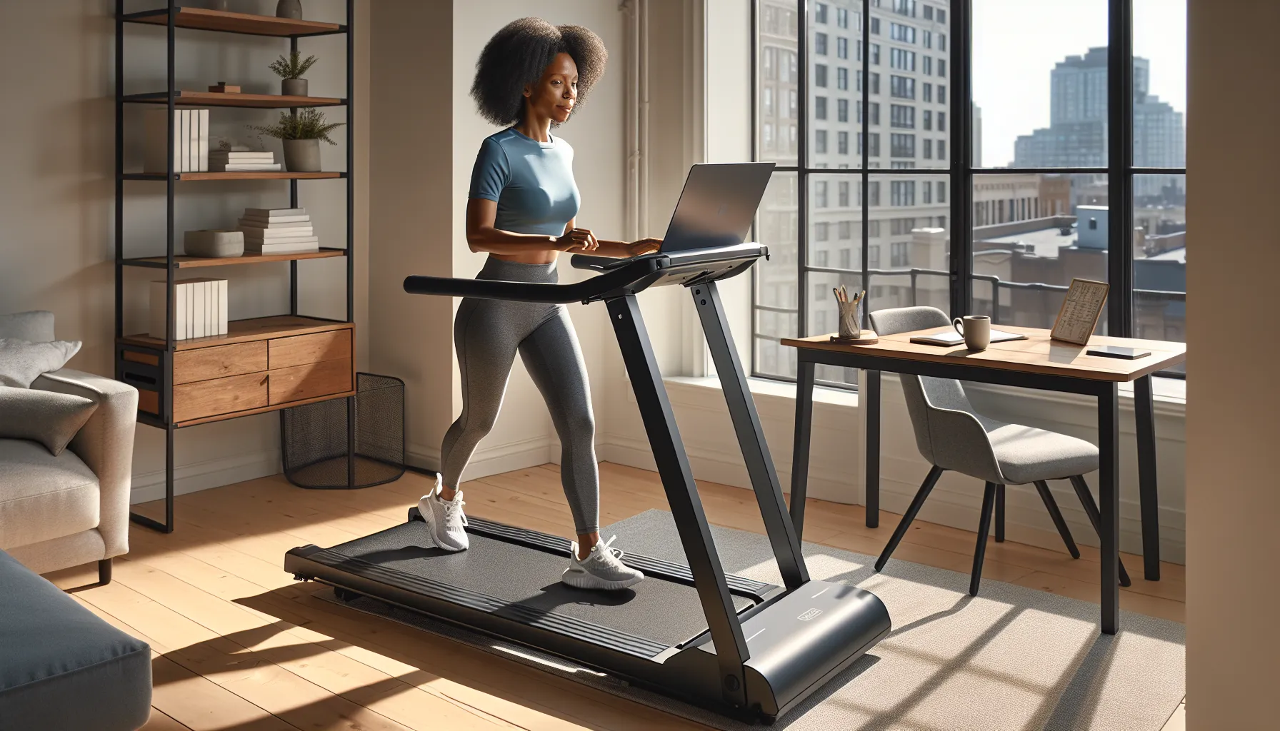 Professional walking on a folding treadmill desk in a quiet apartment office.