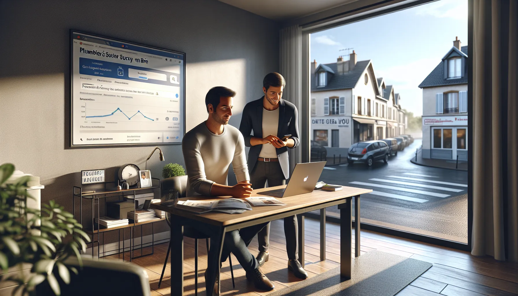 Consultant helps Sucy-en-Brie business owner improve local Google visibility on laptop.