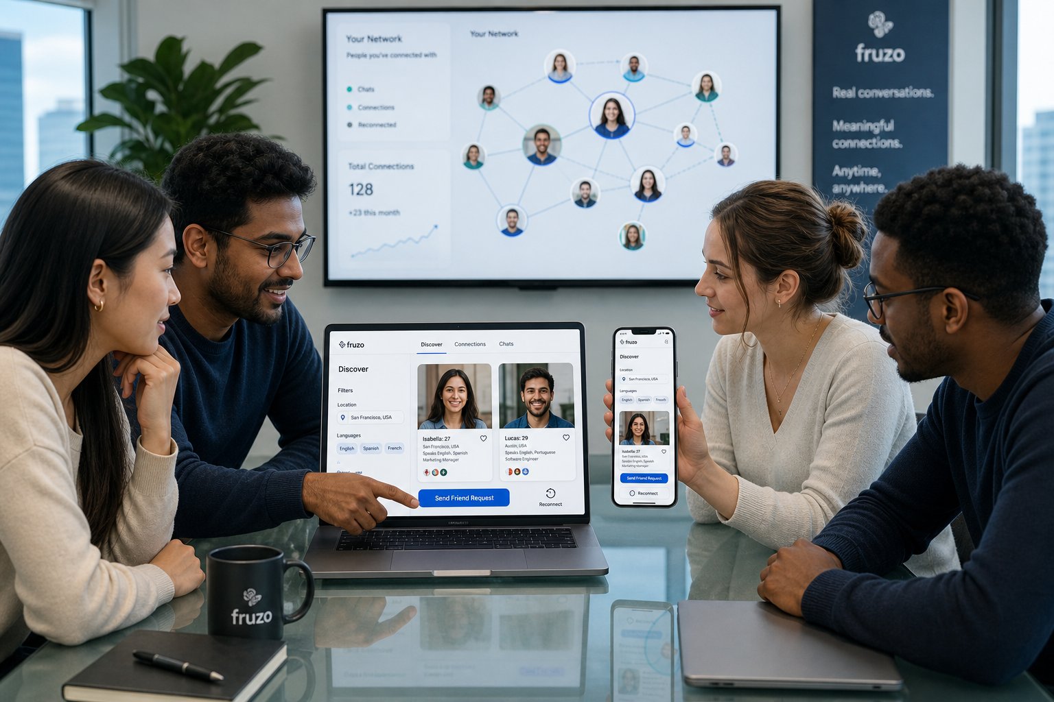 Professionals viewing video chat filters and sending a friend request to reconnect.