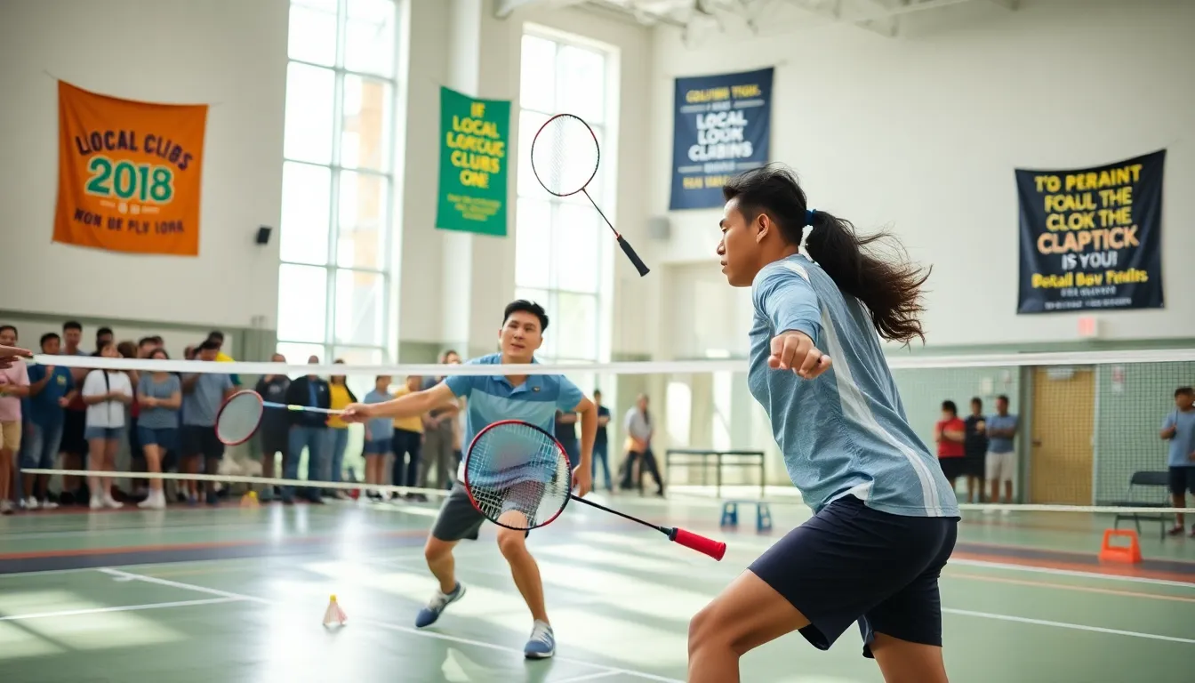 players competing in a badminton match at a community center.