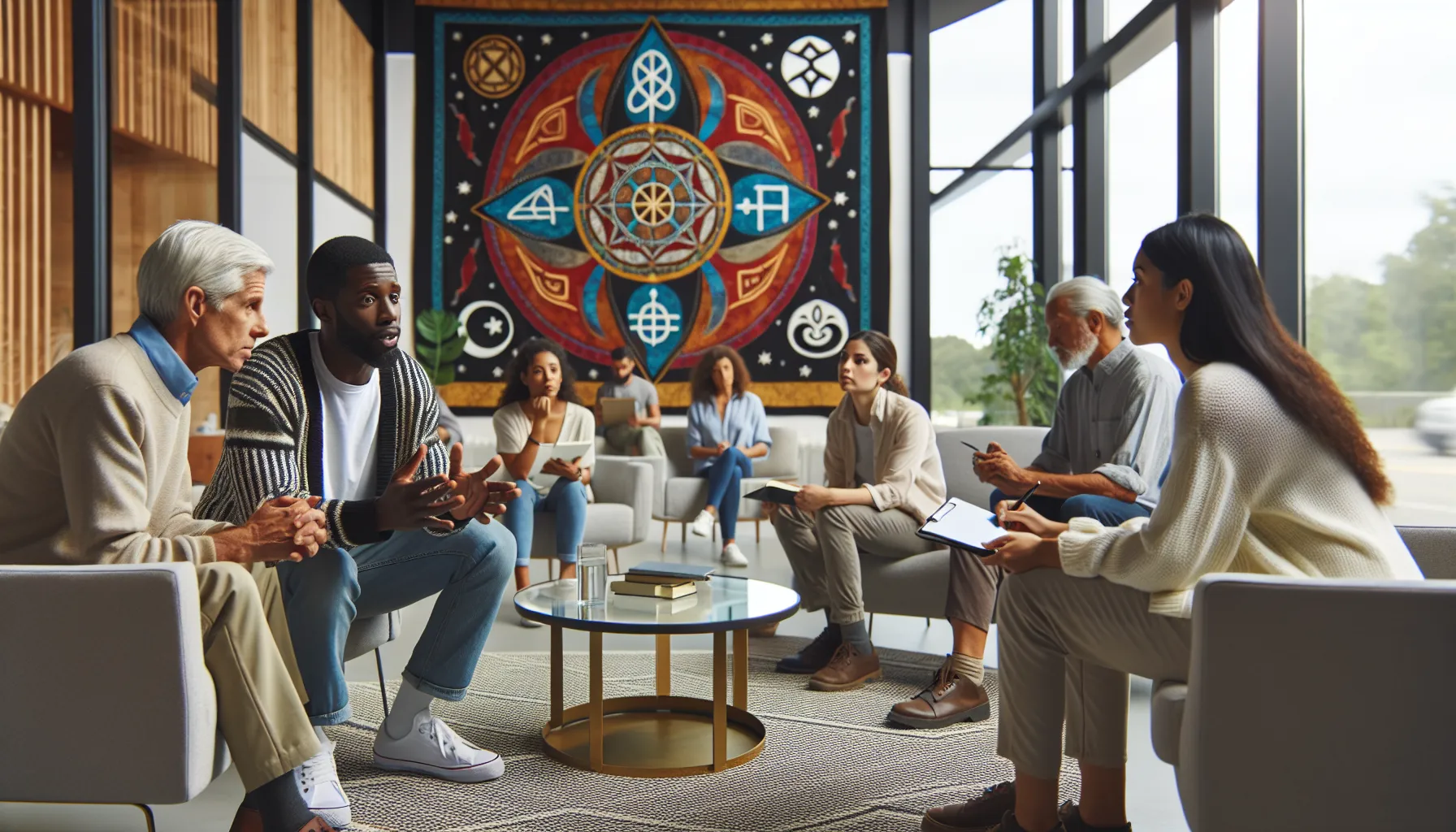 diverse group discussing spirituality in a modern community center.