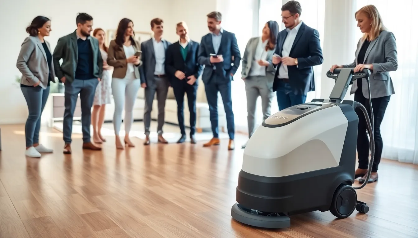 a modern floor cleaning machine in a stylish home setting.