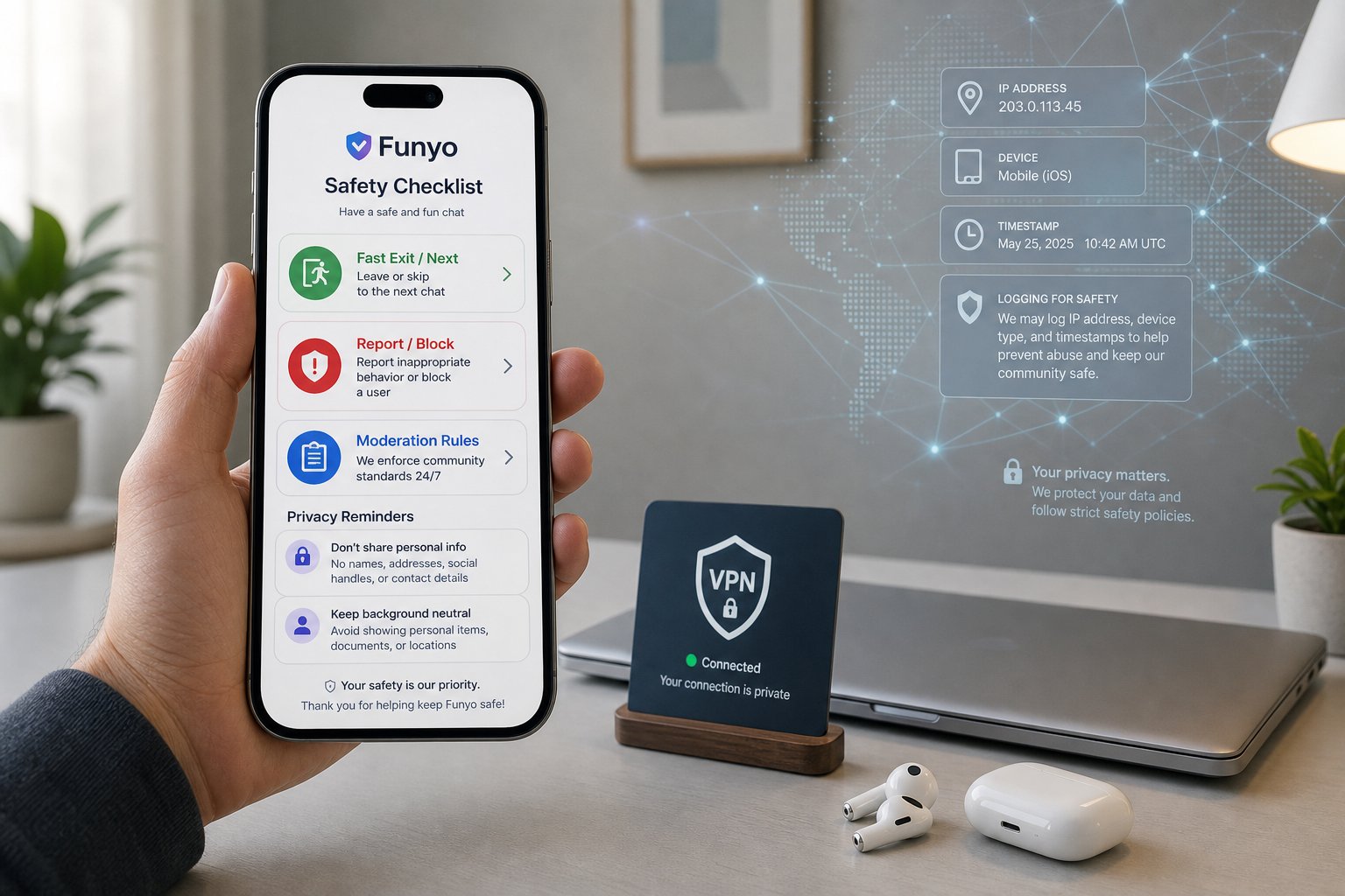 Phone showing video chat safety checklist with report, block, and privacy tips.