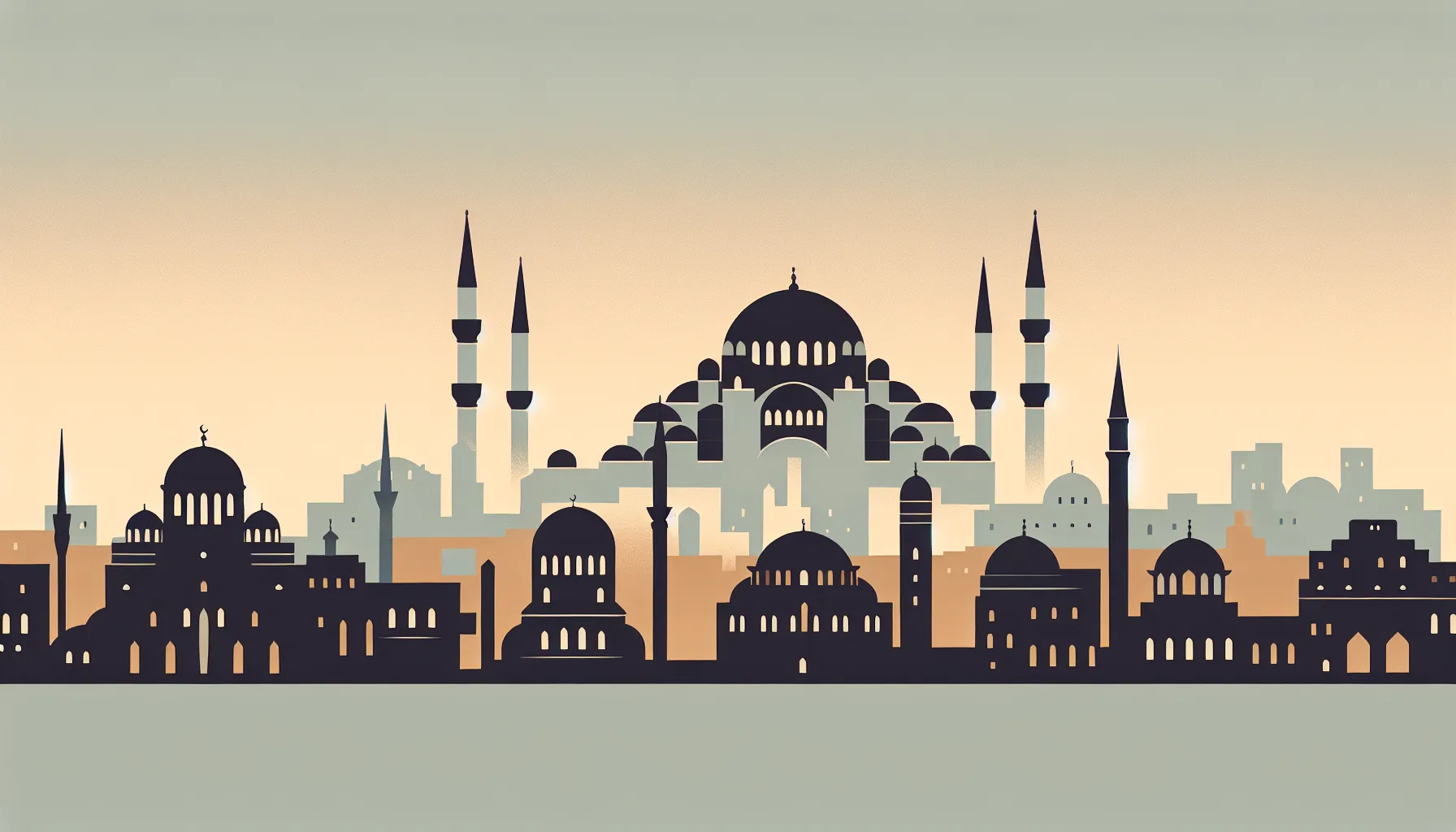 Minimalist Ottoman city silhouette with domes and minarets against gradient sky