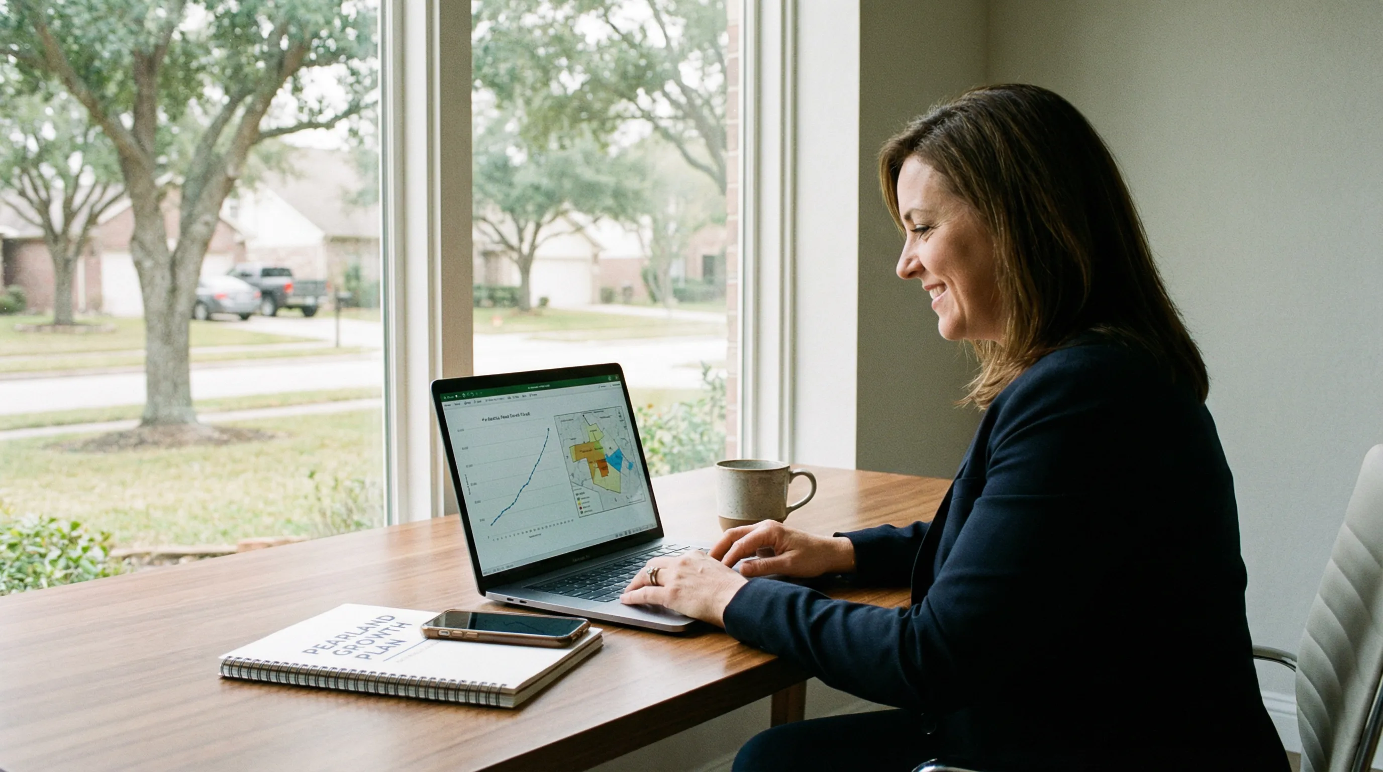 Pearland business owner reviewing improved local search performance on a laptop with a Pearland map on screen in a bright office.