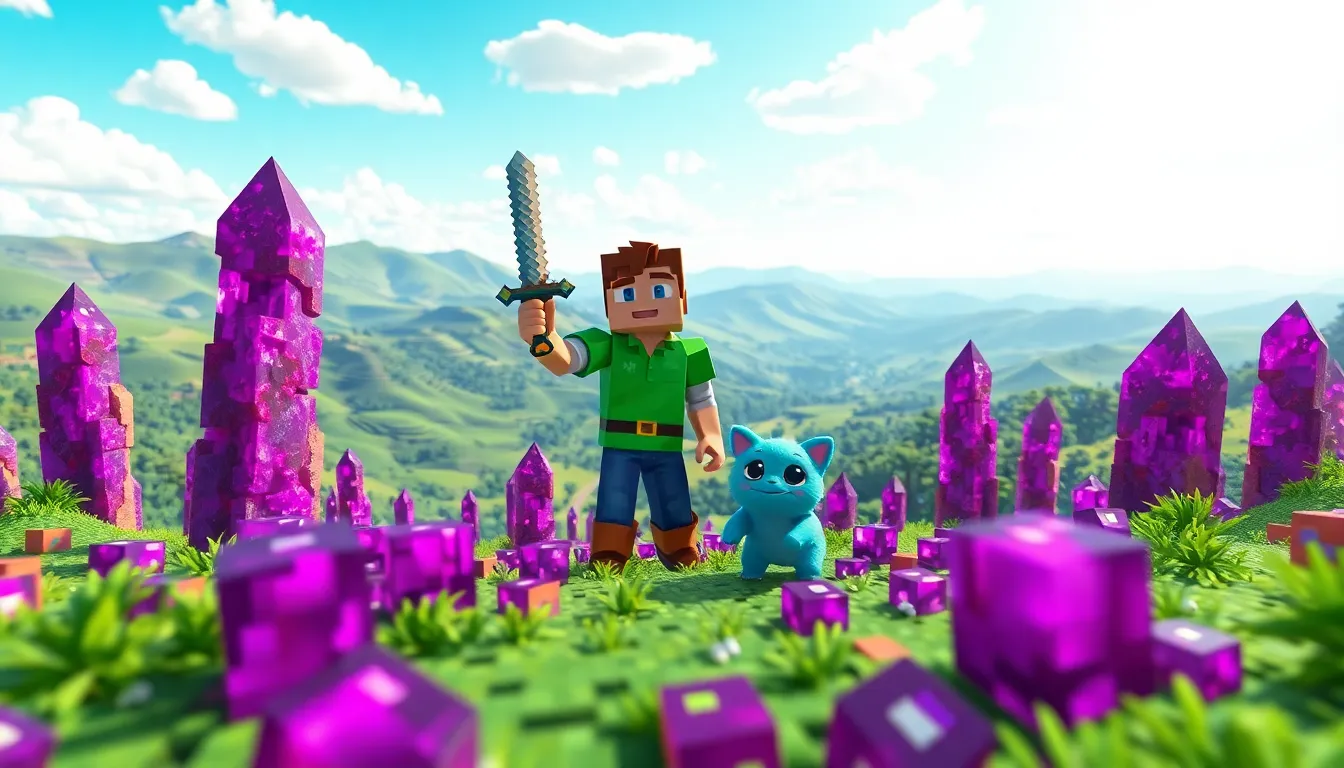 A Minecraft player exploring a colorful biome with amethyst geodes.