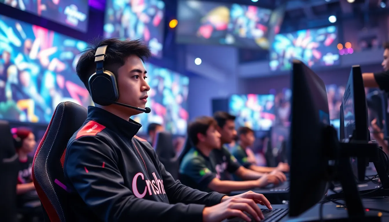 professional gamer Crashies focused in a vibrant esports arena.