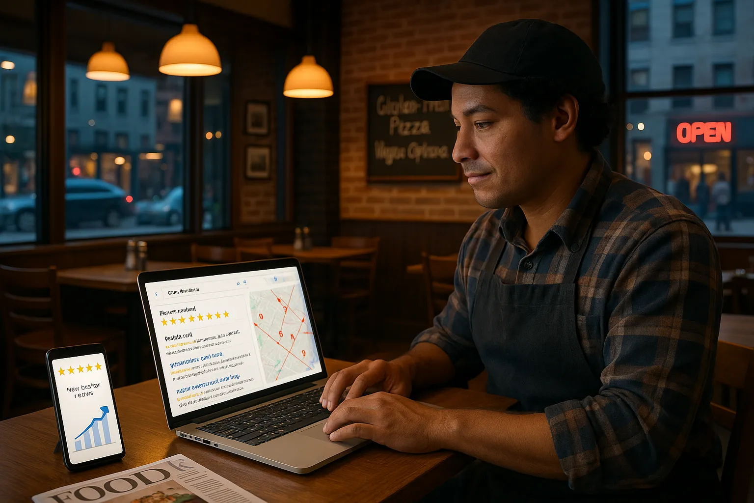 Restaurant owner reviews local search rankings and online reviews on a laptop.