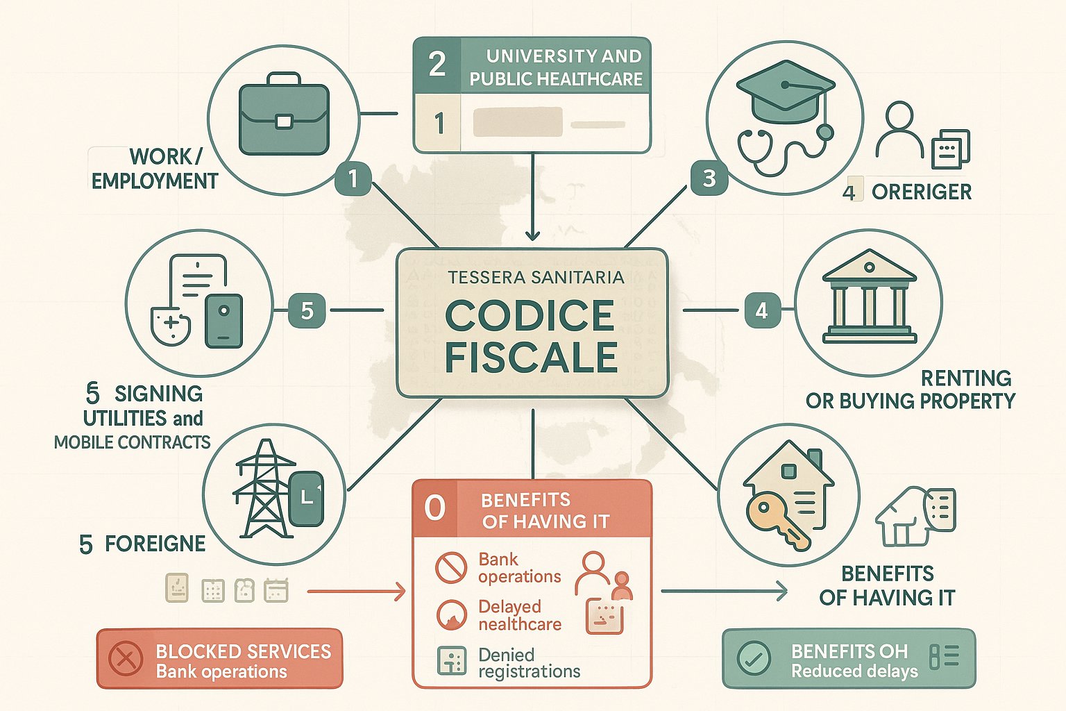 Infografica centrale che mostra la tessera del codice fiscale collegata a lavoro, banca, sanità, alloggi e tasse.
