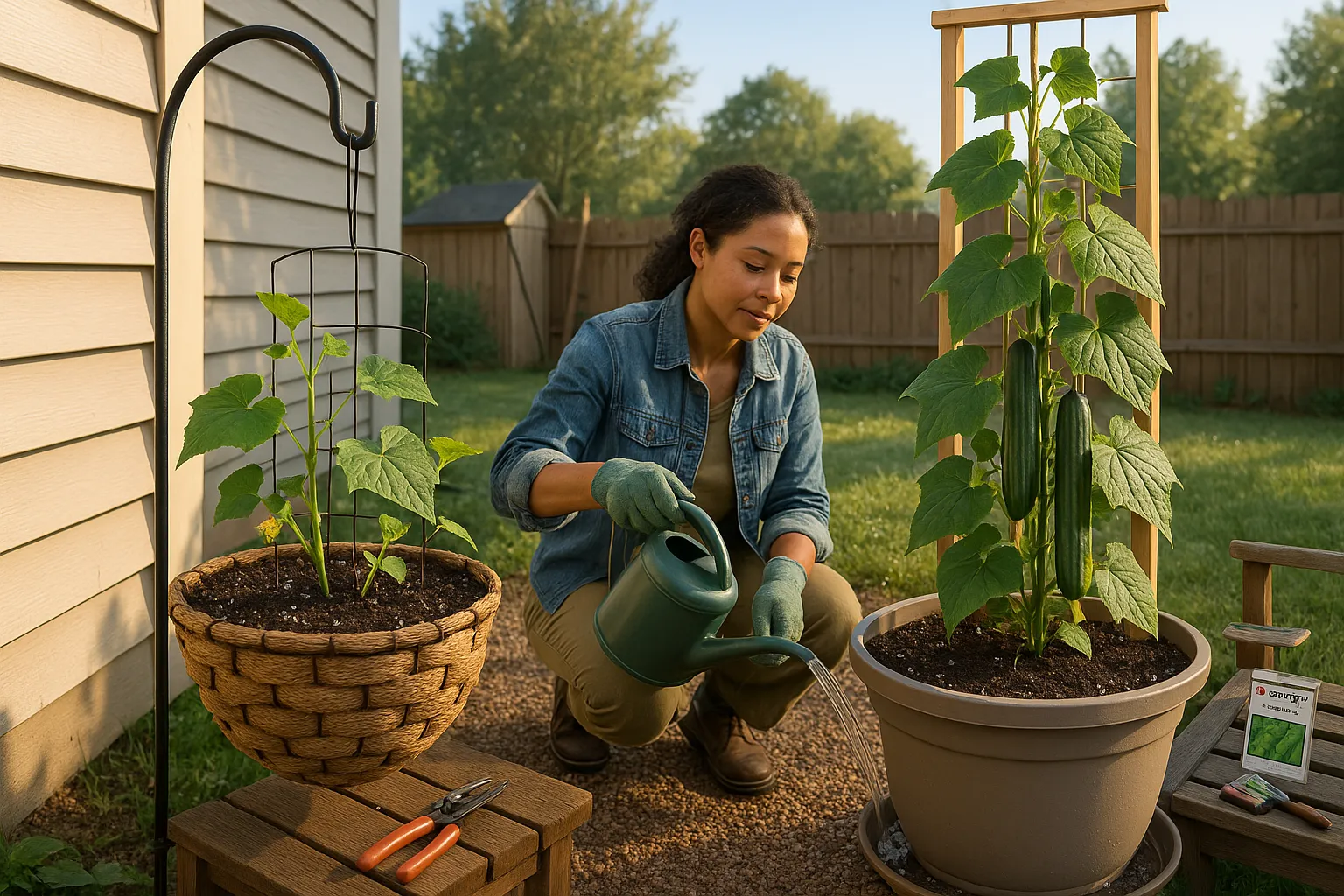 Gardener watering hanging basket cucumber and vining cucumber on trellis at sunrise.