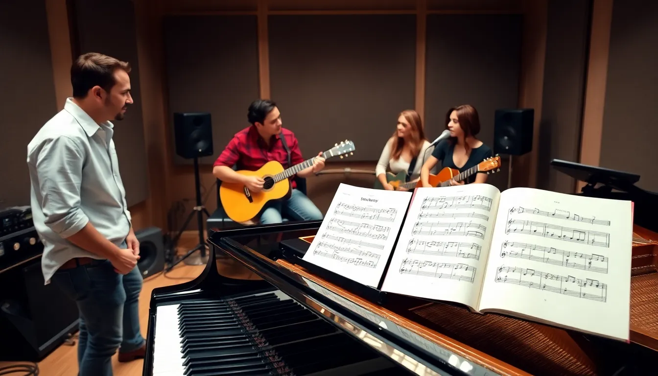 Musicians collaborating over *Stairway to Heaven* sheet music at a grand piano.