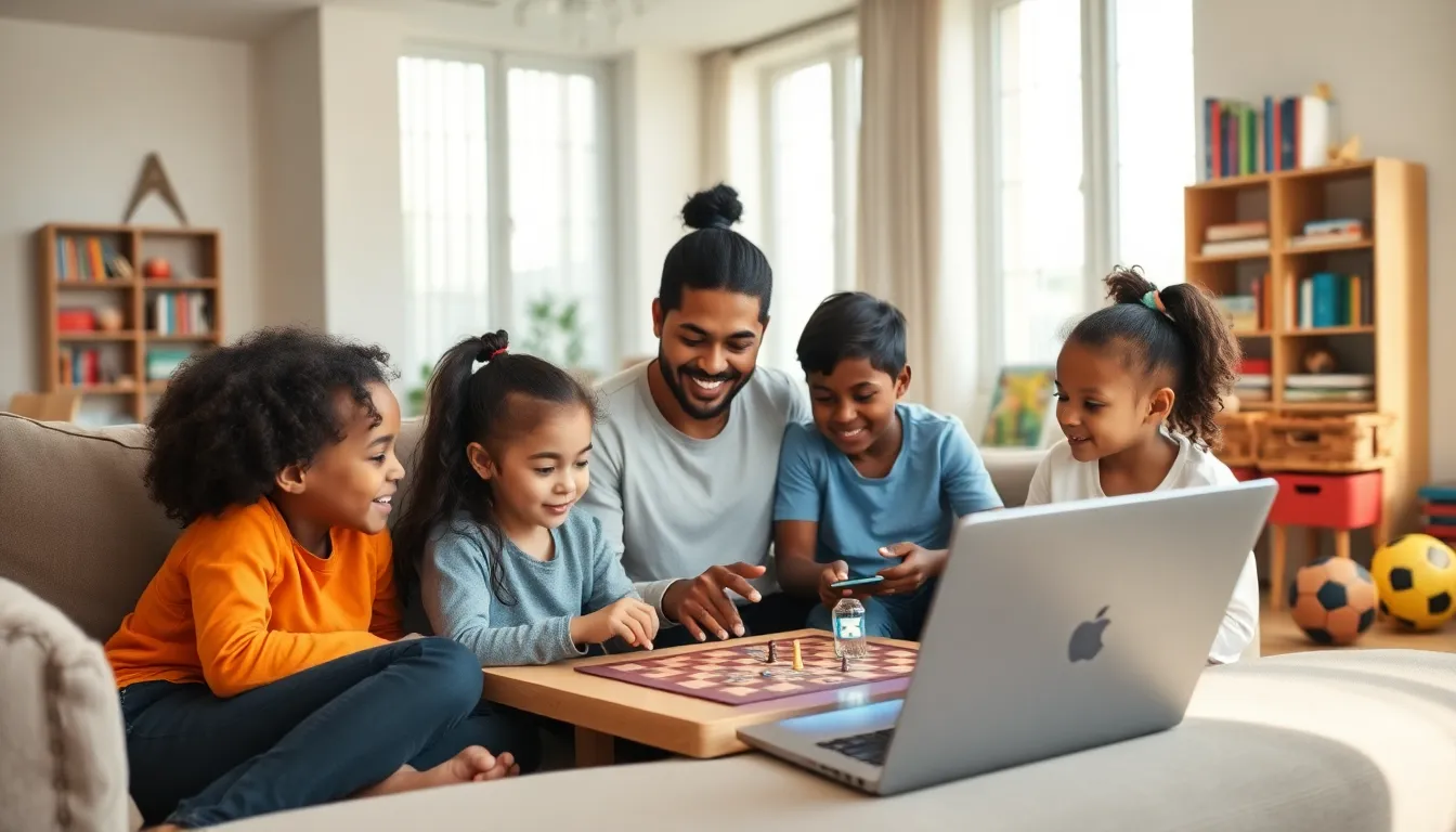 family engaged in board games with technology in a modern living room.