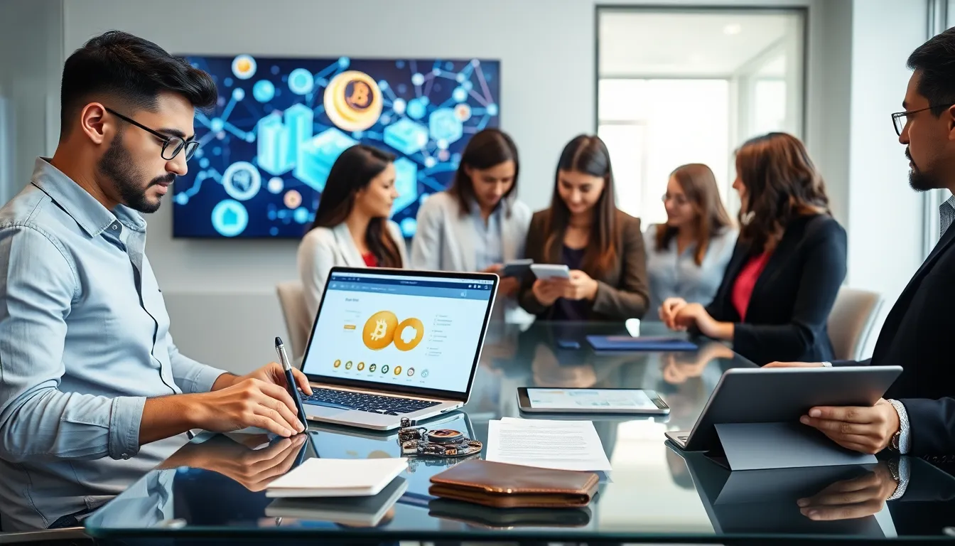 diverse team discussing cryptocurrency wallets in a modern office.