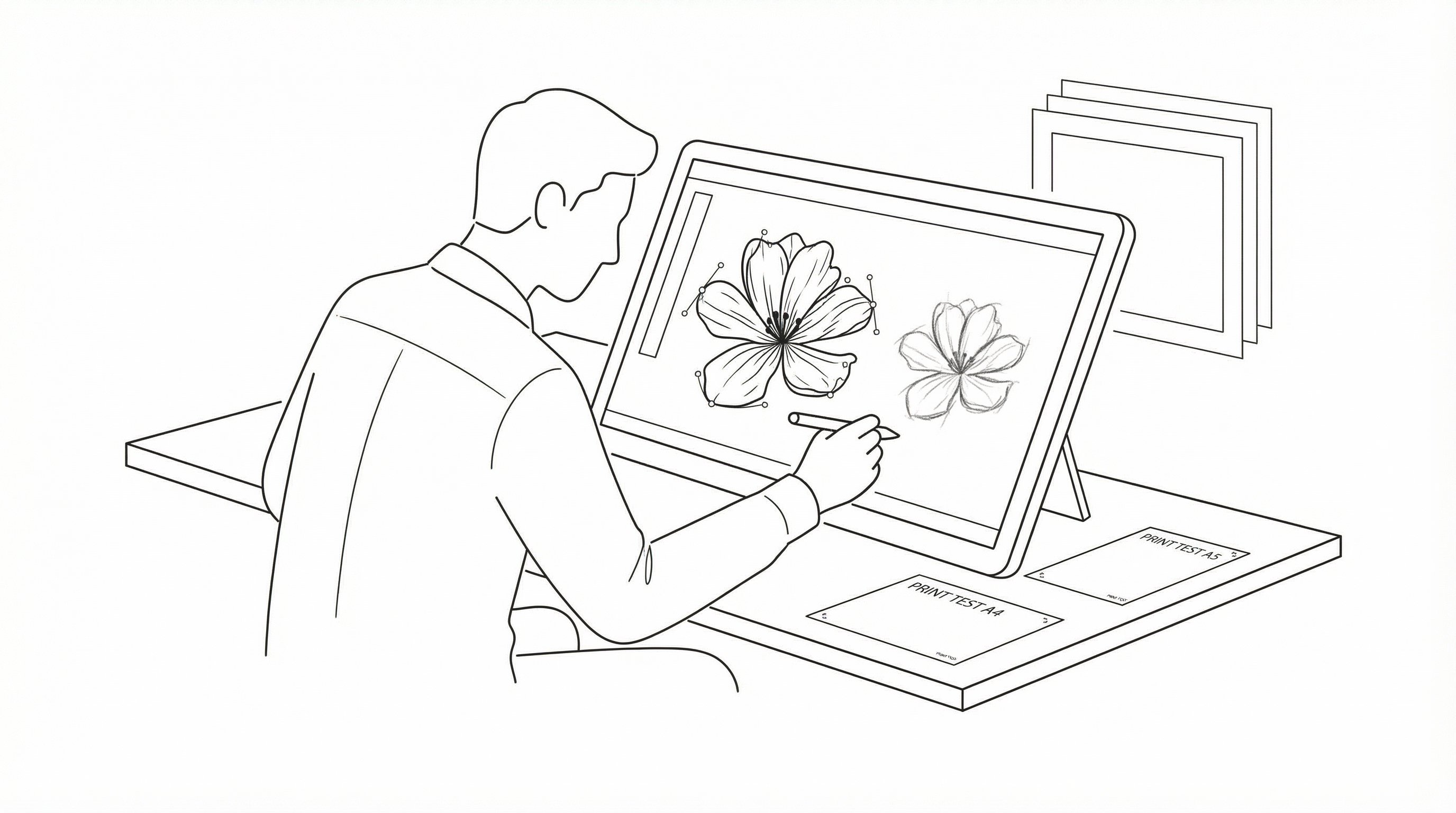 Designer creating scalable coloring page line art on a computer.
