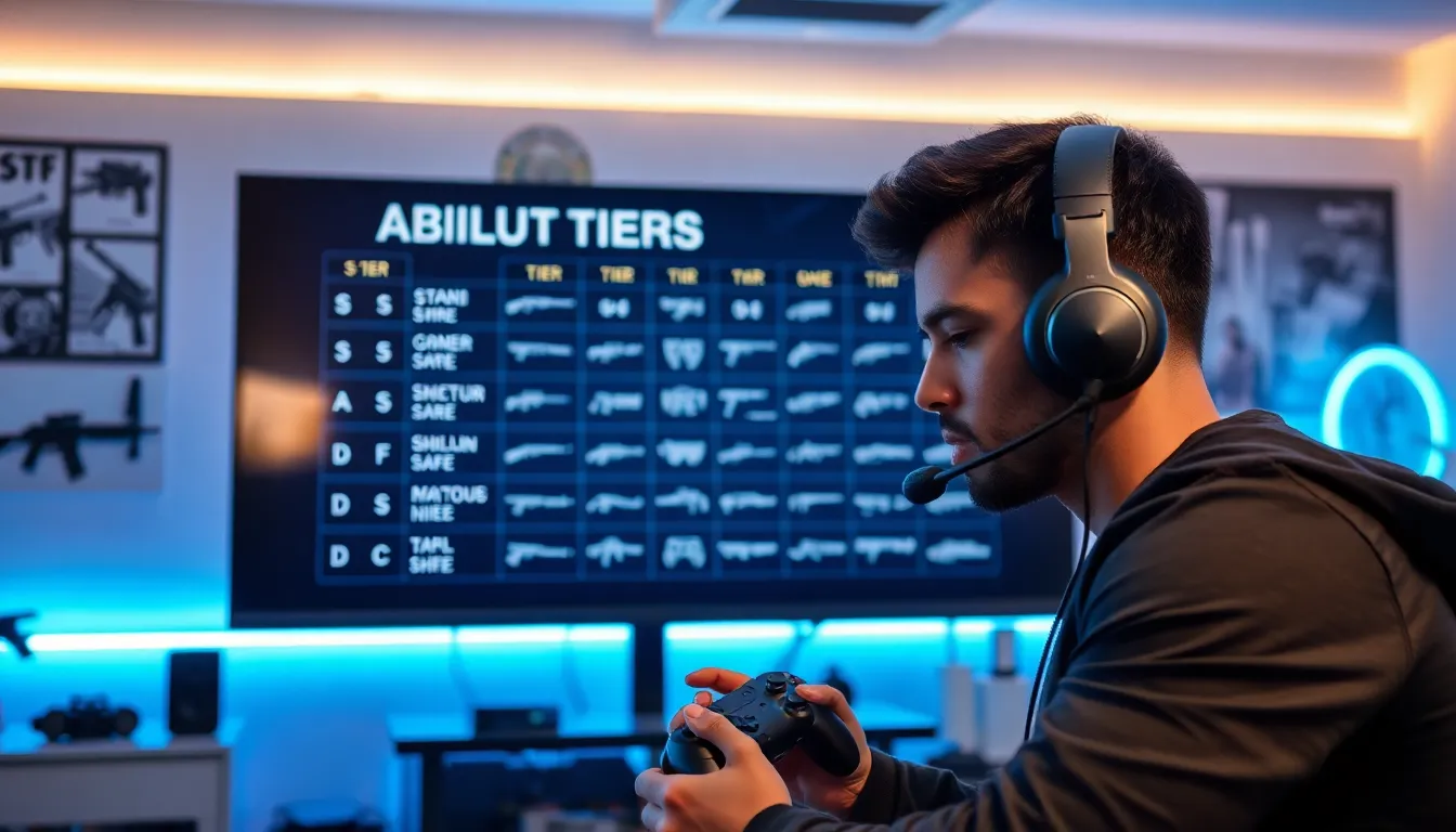 gamer analyzing a Battlefield 2042 weapon tier list on a screen.