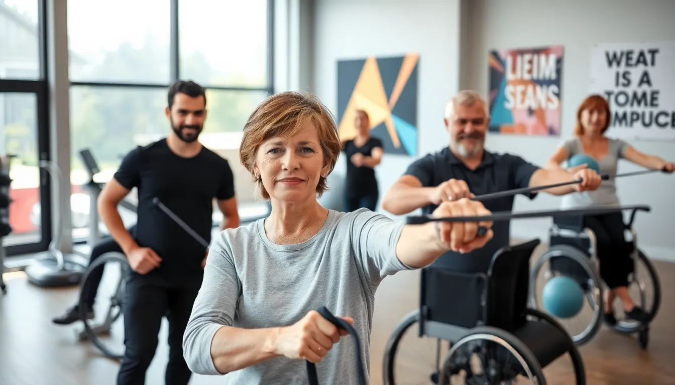 diverse individuals participating in adaptive fitness training in a modern studio.