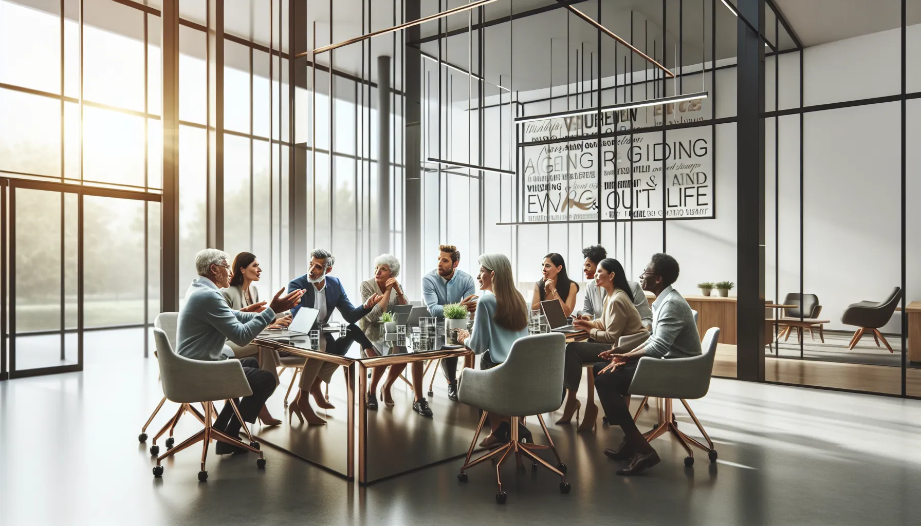 diverse professionals discussing aging positively in a modern office.