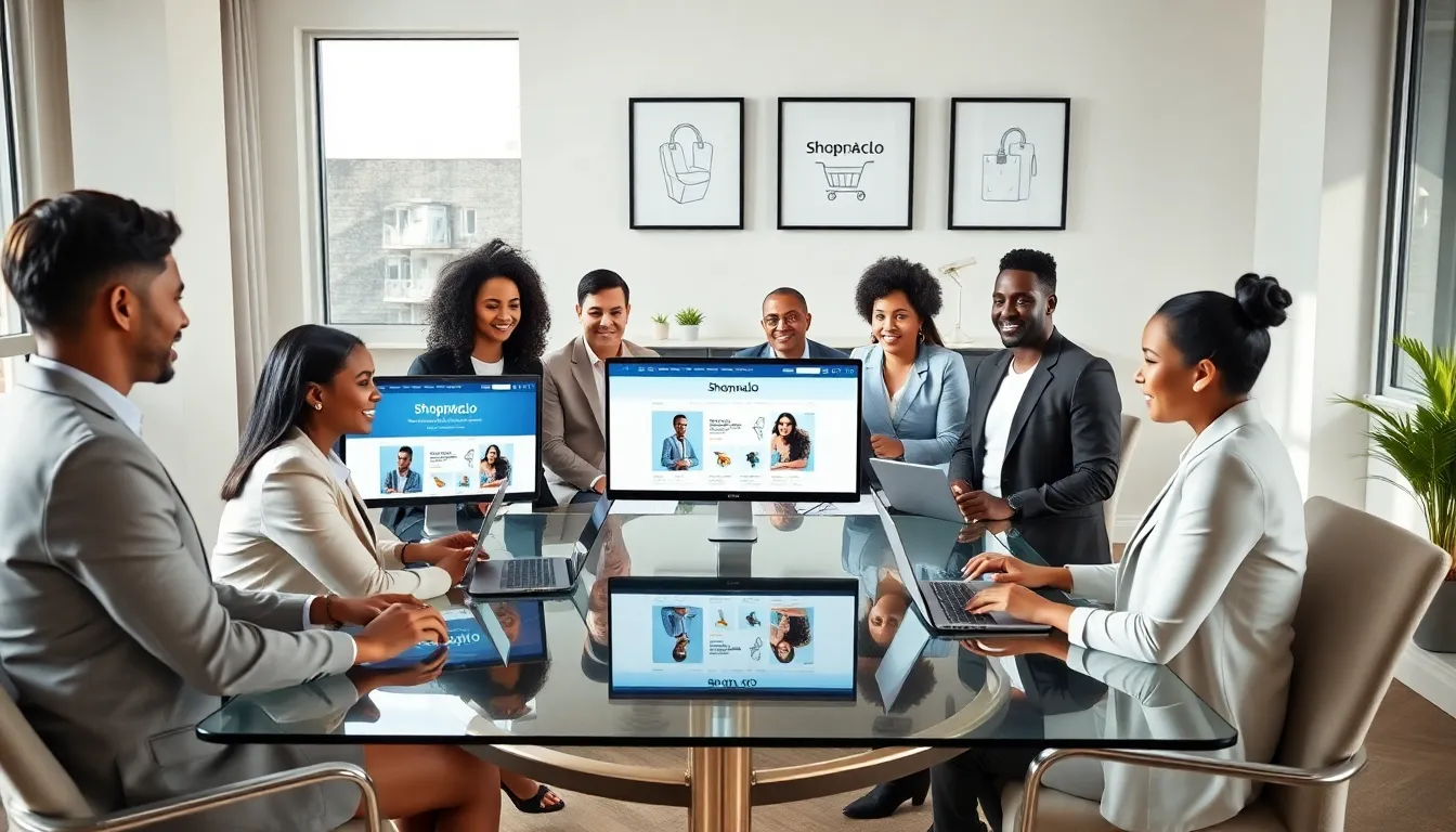 diverse professionals discussing online shopping strategies in a modern office.