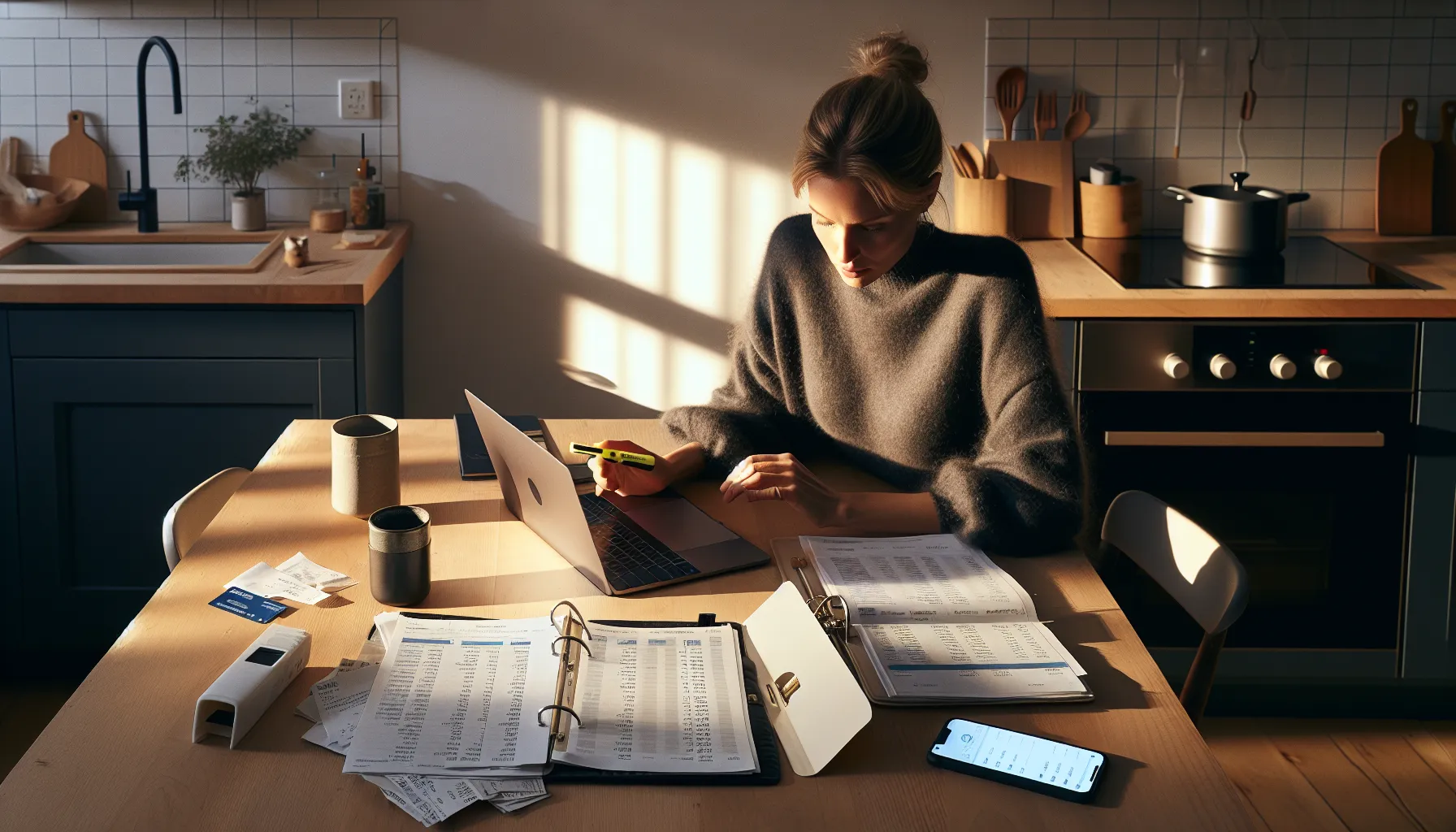 Norwegian woman budgeting with laptop, statements, and a cashflow calendar at home.