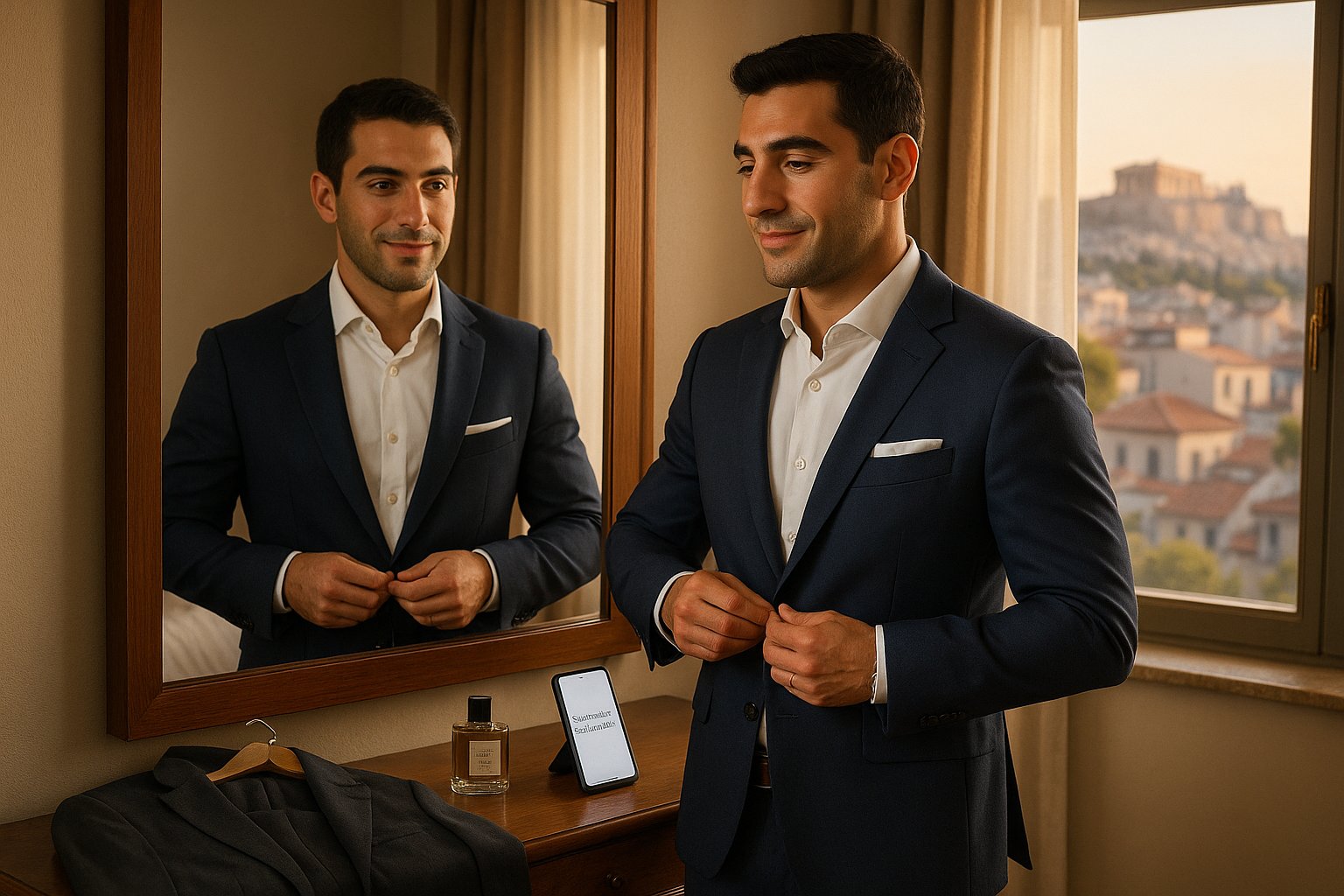 Man adjusting blazer in hotel room with Acropolis view, preparing respectfully.