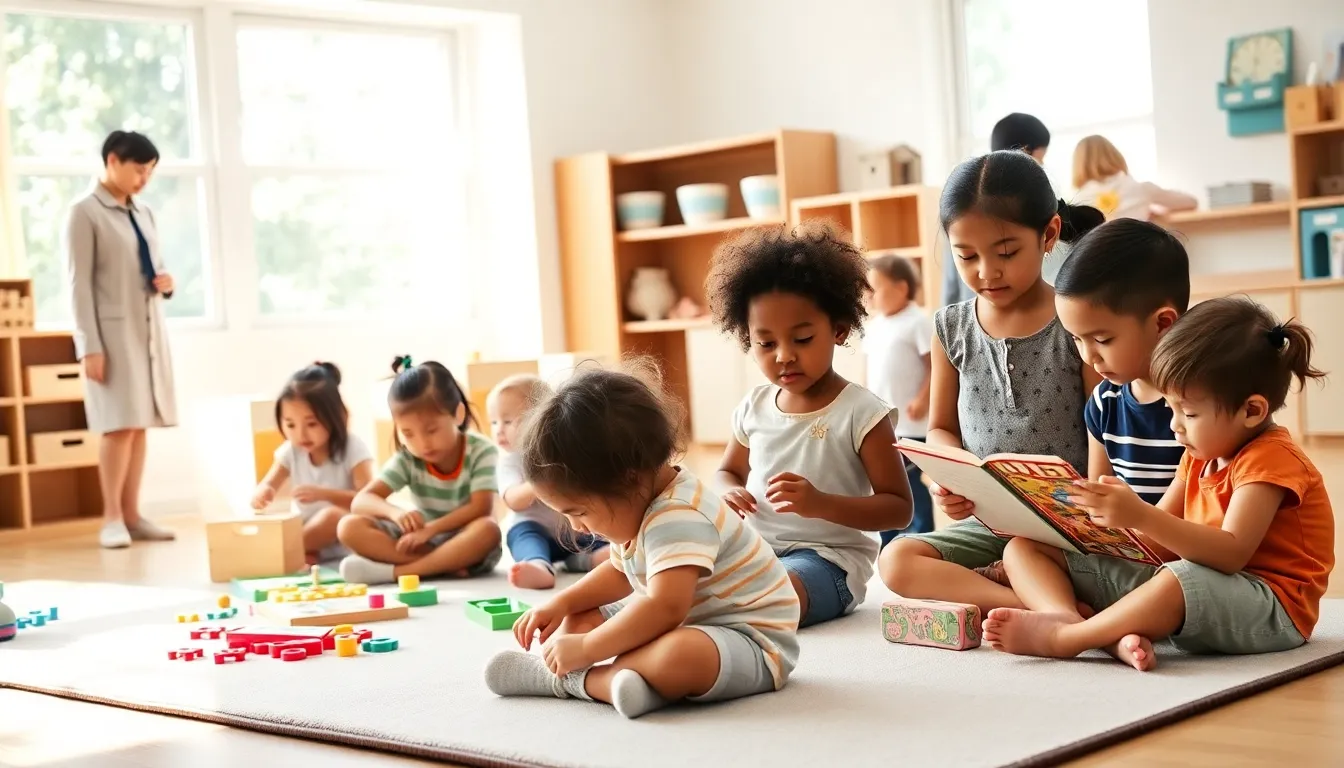 children actively engaged in learning in a Montessori classroom.