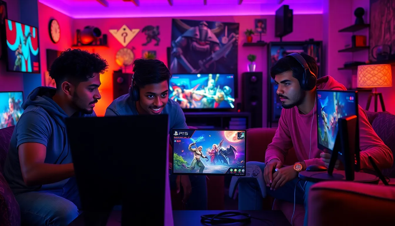 diverse gamers focused on a PS5 multiplayer game in a modern gaming room.