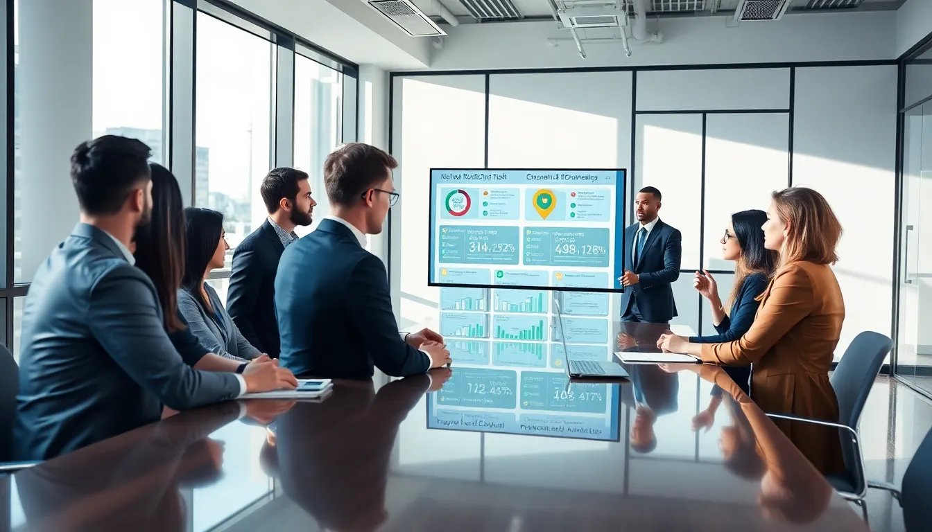 diverse professionals discussing educational rankings in a modern office.