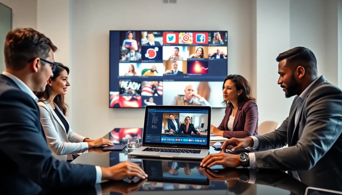 diverse marketing team creating social media video content in an office.