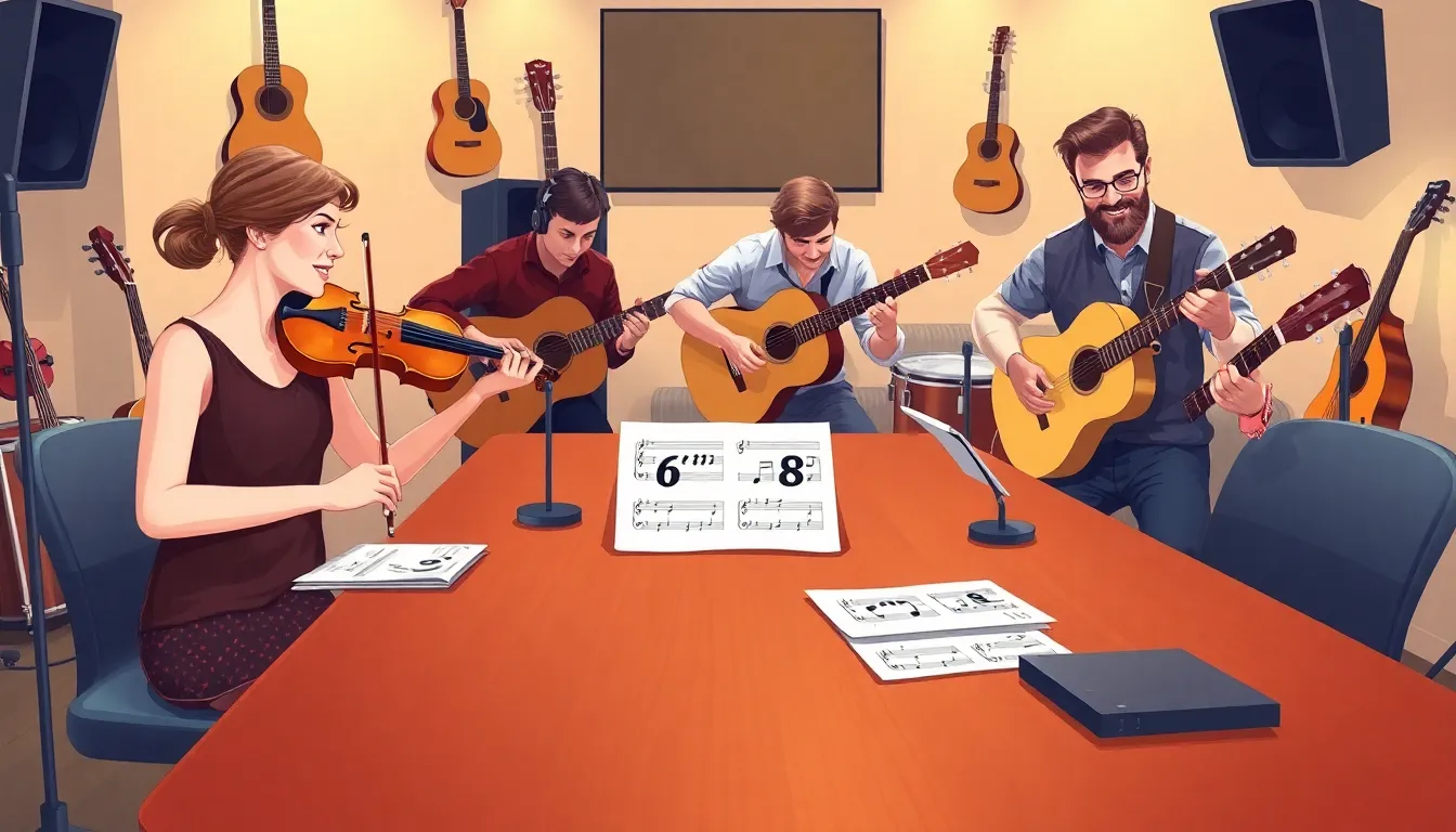 musicians collaborating on 6/8 time signature music in a studio.