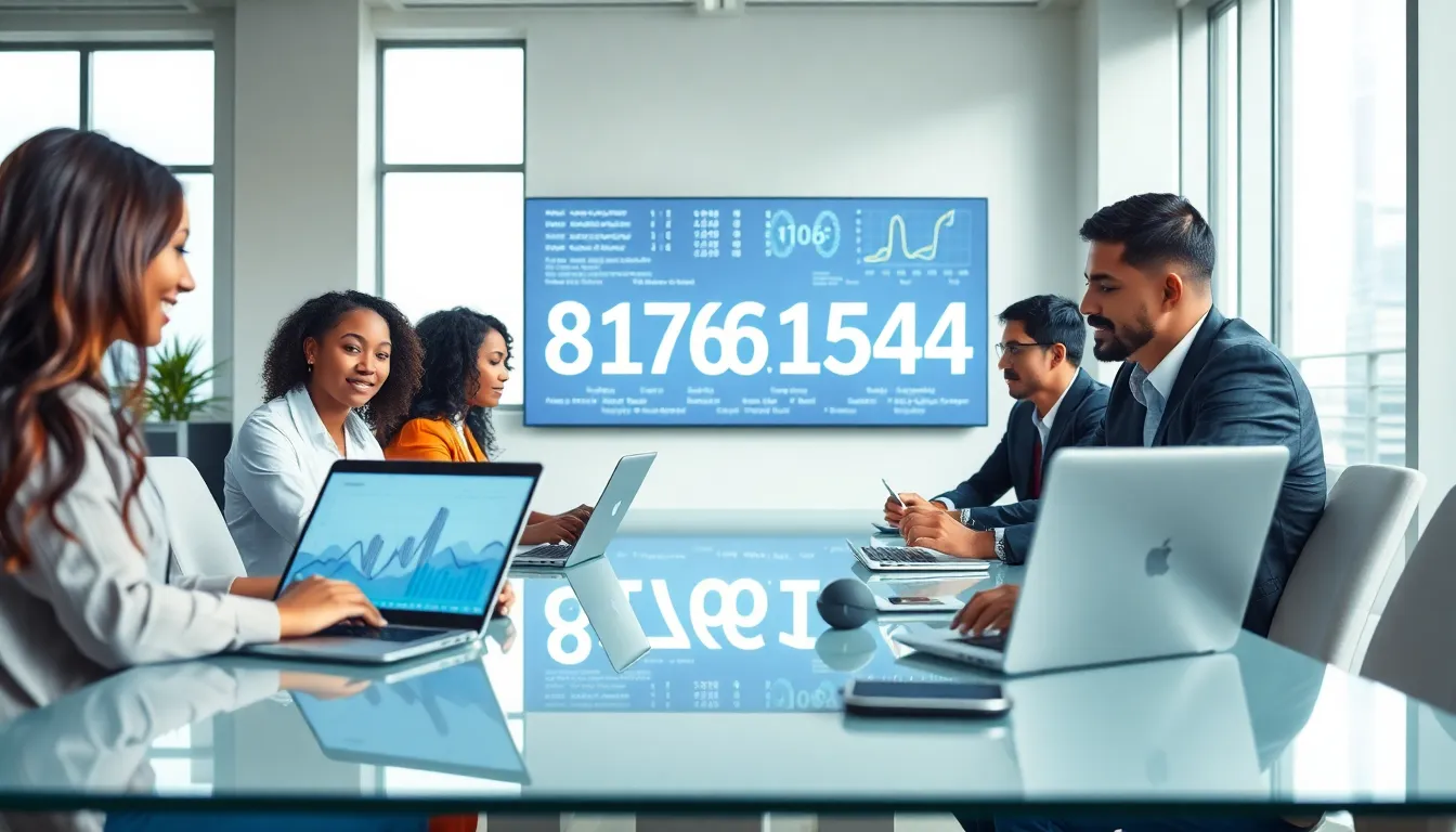 Diverse professionals discussing data analysis in a modern office setting.